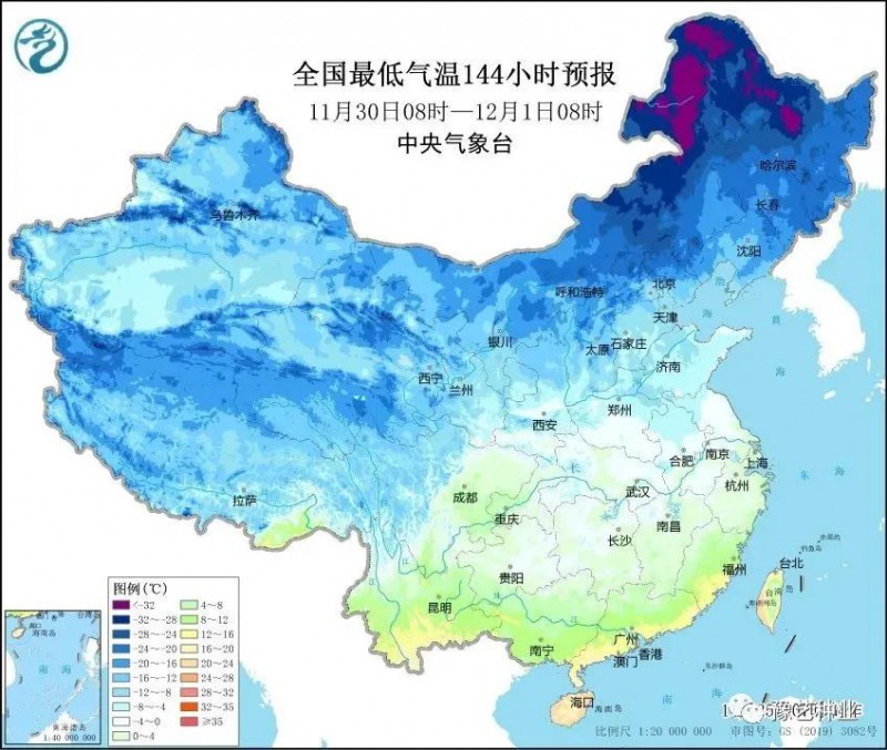 图1 全国最低气温预报图（11月30日08时至12月1日08时）